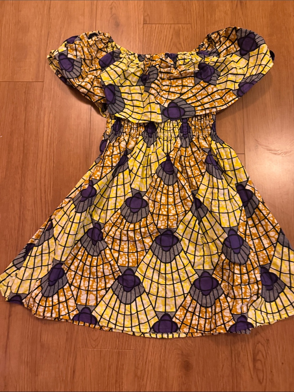Boutique Off-Shoulder Yellow & Purple Patterned Sundress